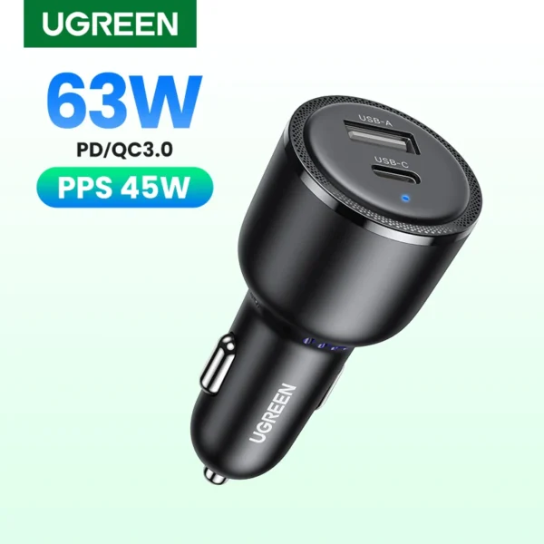 Adaptador cargador para auto tipo USB-C y USB-A 3W PD QC 3,0 PPS 45W