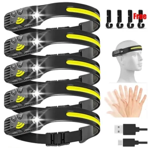Linterna frontal con Sensor LED recargable por USB, linterna frontal COB, luz intensa, resistente al agua