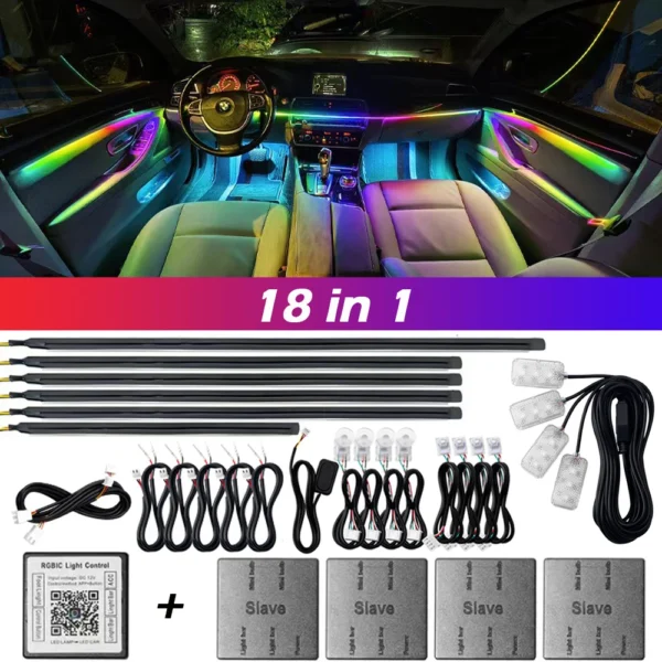Streamer sinfónico de zona Dual 18 en 1, luz ambiental para coche, LED Interior a todo Color, tira acrílica de neón RGB, Kit de iluminación de ambiente, aplicación